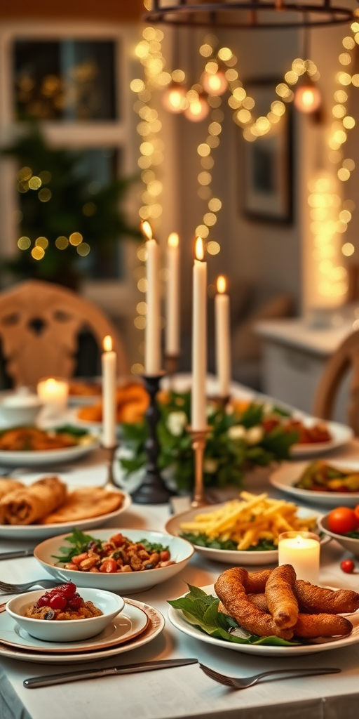A beautifully set dining table with an array of delicious dishes, softly lit candles, and twinkling fairy lights in the background, taken with a Canon EOS R5, 50mm lens, f/1.8 aperture, ISO 200, 1/60 shutter speed, with a shallow depth of field for a soft bokeh effect.