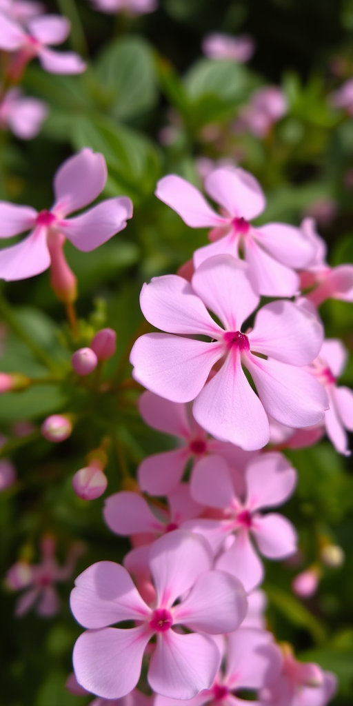Close-up of delicate pink flowers with green foliage in the background, taken with a DSLR camera, 50mm lens, aperture f/2.8, shutter speed 1/200 sec, ISO 100, natural light.
