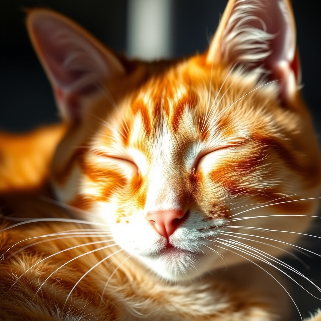 capture a close-up of a sleeping orange tabby cat with soft natural lighting, aperture f/2.8, shutter speed 1/200s, ISO 200, 50mm lens, shallow depth of field, focusing on the cat's face to highlight its fur texture