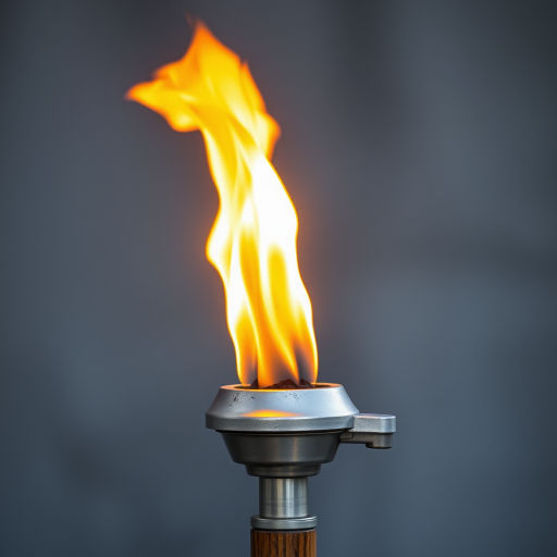 Create an image of a flaming torch with vibrant orange and yellow flames on top of a metallic silver base and wooden handle, shot with a DSLR camera at f/2.8 aperture, ISO 100, shutter speed 1/200 sec, in a close-up view with natural lighting to enhance detail and contrast.