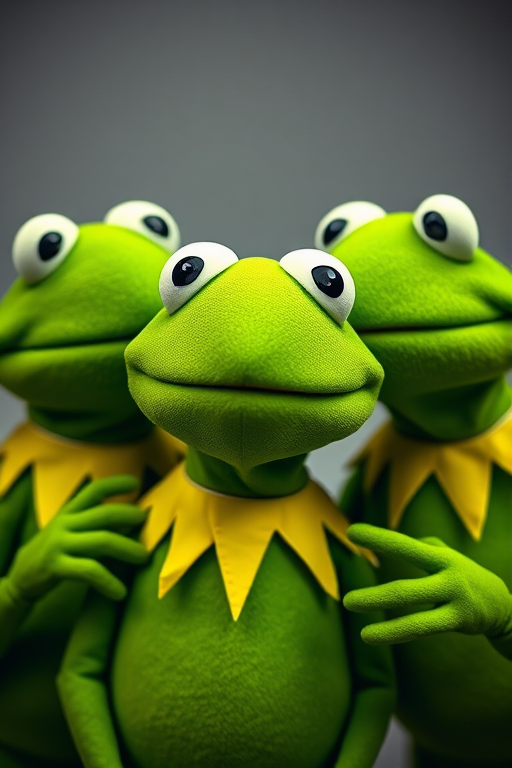 Generate an image of three Kermit the Frog puppets with vibrant green colors, using a DSLR camera with a 50mm lens at f/2.8 aperture, ISO 100, and a shallow depth of field, captured in a well-lit studio setting.