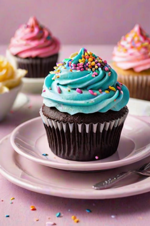Generate an image of delicious cupcakes with swirls of light blue frosting, topped with colorful sprinkles. The scene should be bright and cheerful, featuring a pastel-colored background with a playful table setting. Include a pink fork beside the plate of cupcakes.