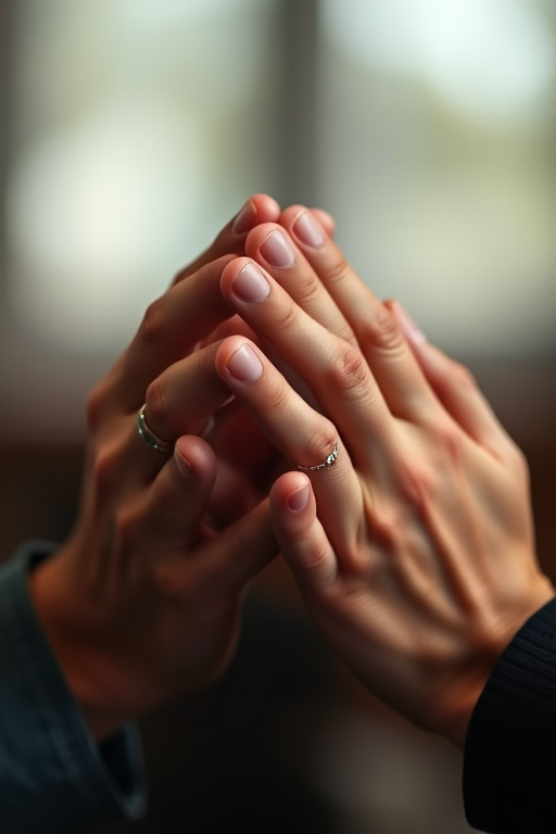 Create a high-resolution image of two hands clasped in prayer, focusing on a realistic style with soft lighting, shallow depth of field, using a DSLR camera at f/2.8, ISO 100, and 50mm lens.