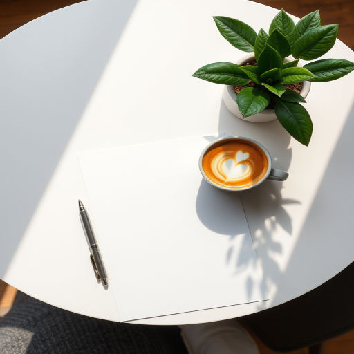 A clean table with a blank sheet of paper, a silver pen, a cup of coffee with latte art, and a potted green plant in soft natural light, shot with a DSLR camera at f/2.8, ISO 100, 50mm lens, top-down view, enhanced color saturation and clarity.