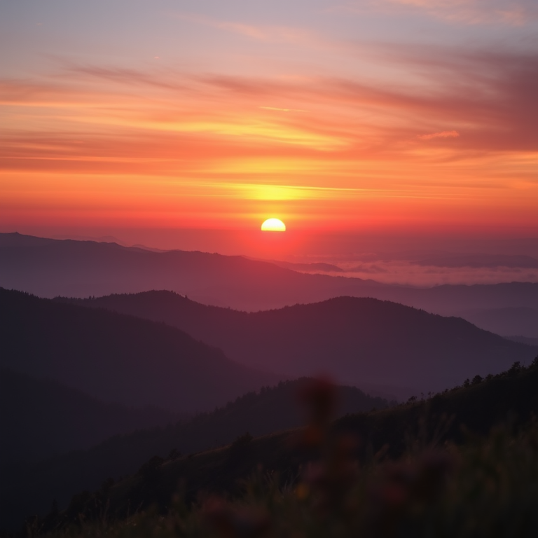 sunset over mountainous landscape with layers of mist, vibrant orange and purple hues, shot with a Canon EOS R5, 24mm lens, f/8 aperture, ISO 100, sunset lighting, high dynamic range, soft focus on foreground elements