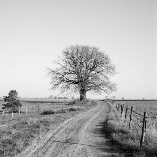 a black and white landscape featuring a large, bare tree at the end of a winding dirt path surrounded by a wooden fence and sparse vegetation in a serene rural setting