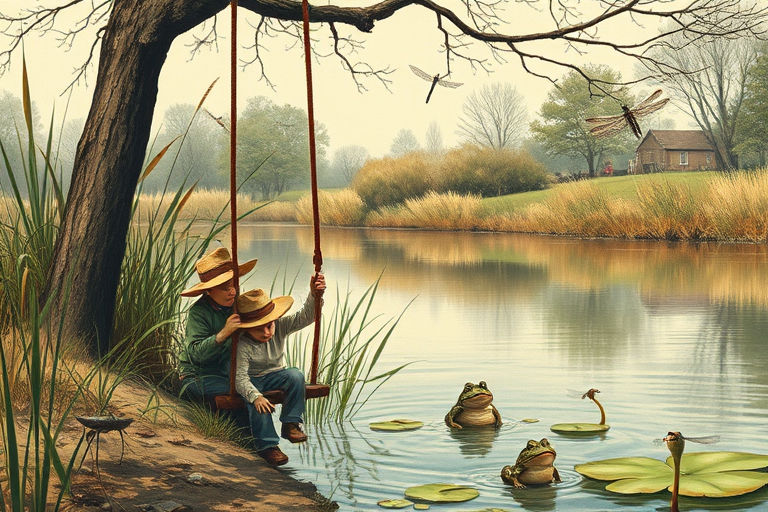Imagine a small group of old fashioned young boys out fishing by the creek, a swing hanging from a tree branch, reeds and grasses by the water's edge, a frog sitting on a lily pad, dragonflies hovering over som water plans, a very iconic old fashioned scene reminiscent of a Norman Rockwell painting style