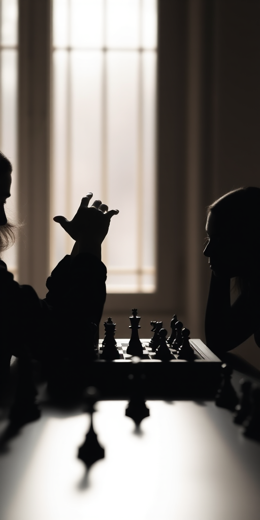 create a minimalistic silhouette image of two women playing chess at a table, soft natural lighting, shallow depth of field, shot with a Canon EOS R5, 50mm lens, aperture f/2.8, ISO 100, focus on the chessboard and the players' hands