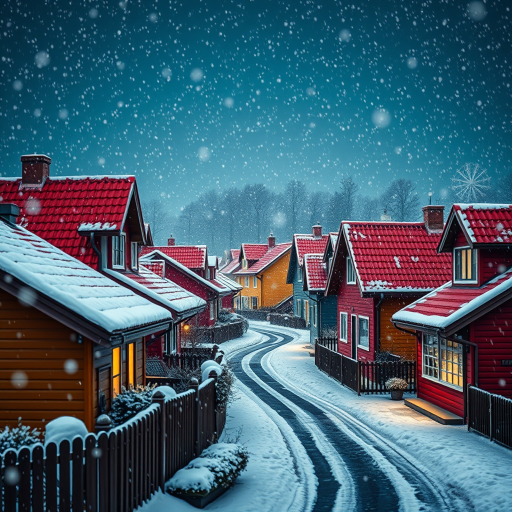 generate a cozy winter scene of colorful houses with red roofs, snowflakes falling gently in a night sky, shot in a digital format using a DSLR camera with a 35mm lens, aperture set to f/8, ISO 200, and a shutter speed of 1/100 seconds for optimal clarity and depth.