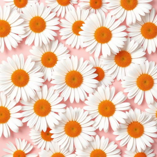 Create a seamless floral pattern featuring white daisies with orange centers on a soft pink background, taken with a Canon EOS 5D Mark IV, 50mm lens, f/2.8 aperture, ISO 100, in a flat lay style for enhanced clarity and detail.
