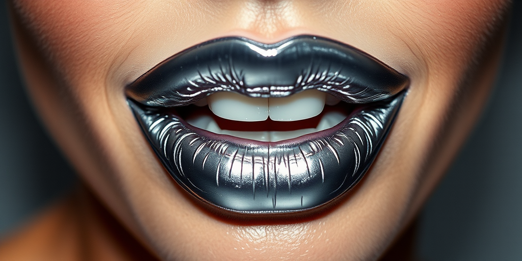 Edgy metallic silver lips reflect light dramatically, creating a futuristic and avant-garde look that pushes the boundaries of traditional beauty