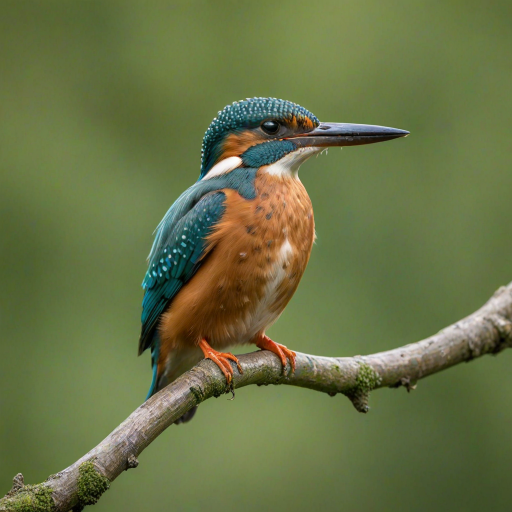 A vibrant kingfisher perched on a branch with a blurred green background, captured with a Canon EOS R5, 85mm lens, aperture f/2.8, ISO 200, shutter speed 1/250s, in soft focus style for enhanced detail and clarity.