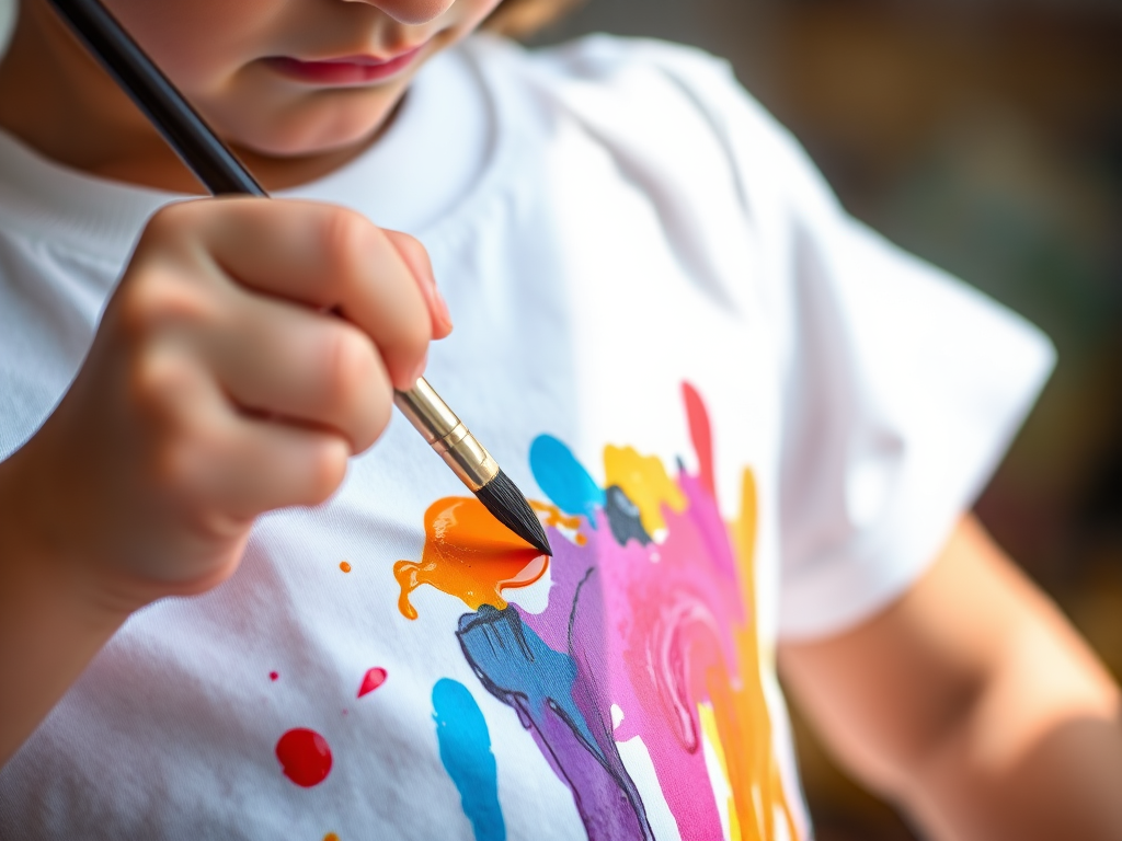 A close-up shot of a child's hand painting on a white t-shirt with vibrant colors, using a paintbrush, natural light, shallow depth of field, aperture f/2.8, ISO 200, focal length 50mm, DSLR camera.