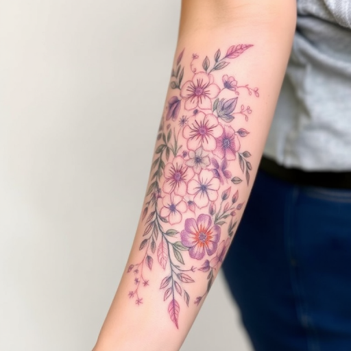 Delicate floral sleeve tattoo named "Blooming Reverie" featuring a cascade of botanically accurate flowers and leaves. Soft, muted colors in pastel shades create a dreamy, romantic atmosphere. Fine lines and subtle shading bring the delicate petals and foliage to life, wrapping gracefully around the arm in a continuous garden of beauty.