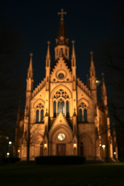 Capture a high-resolution image of a gothic church at night, using a DSLR camera with a 50mm lens, aperture set to f/2.8 for shallow depth of field, ISO at 800 for low light sensitivity, and a shutter speed of 1/60 seconds to ensure clarity in the illuminated details while maintaining a slight bokeh effect in the foreground.