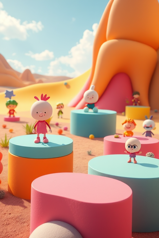 Create a vibrant digital scene featuring whimsical cartoon characters on colorful platforms in a bright landscape, using a DSLR camera with a 50mm lens, f/1.8 aperture, ISO 100, 1/250 sec shutter speed, top-down view, and a saturated color style for enhanced image quality.