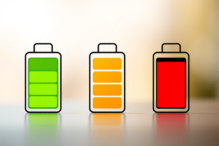 Create a high-resolution image of three battery icons in a vertical alignment with varying charge levels: fully charged (green), half charged (orange), and low charged (red), using a DSLR camera with a 50mm lens, f/2.8 aperture, ISO 100, shooting in natural light with a shallow depth of field for a clean background.