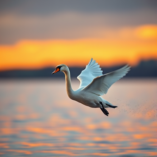 Capture a graceful young swan in mid-flight over a serene lake at sunset, using a Canon EOS R5 with a 70-200mm f/2.8 lens, aperture set to f/4, ISO 400, shutter speed 1/1000s, in a landscape orientation with soft bokeh background and vibrant colors.