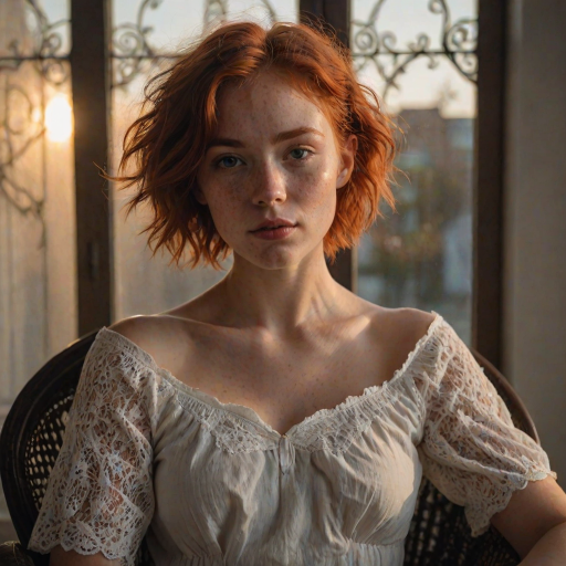 young woman, short messy red hair, light freckles, beautiful face, wearing a loose white cotton lace shirt ,  portrait photo,  posing for a picture in a chair with her hands in her lap, Ayshia Ta k n, parted lips, round cleavage, collarbone, bare shoulders, natural light, a portrait, art nouveau, sunset light through a window, darkly lit, shadows across face