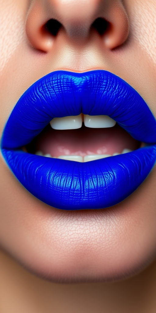 Bold electric blue lips with a matte finish, making a striking statement and showcasing confidence in unconventional beauty choices