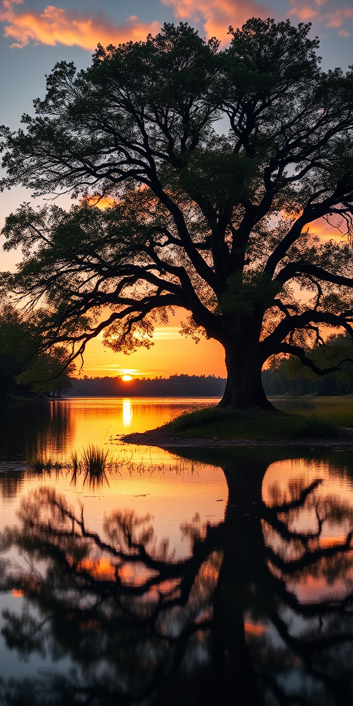 Generate an image of a serene landscape featuring a large tree near a calm lake during sunset with warm colors in the sky using a DSLR camera with a 50mm lens, aperture f/2.8, shutter speed 1/125 sec, ISO 200, shot from a low angle to emphasize the tree's height and reflections on the water.