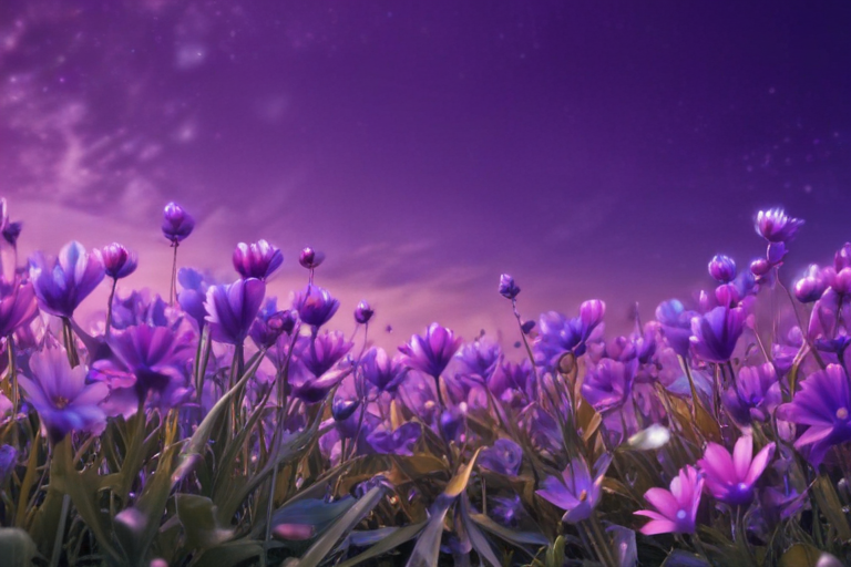 Serene Field of Vibrant Purple Flowers Under a Dreamy Twilight Sky