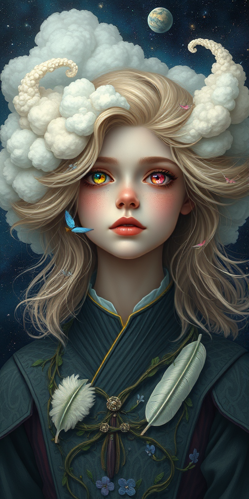 Create a series of imaginative portraits where each subject is infused with elements of fantasy and nature. The hair of the individuals should flow like clouds, varying from soft, fluffy cumulus to wispy cirrus strands, with hints of color reflecting a sunset or a clear blue sky. The eyes should be windows to entire galaxies, with stars, nebulae, and distant planets visible within them. Clothing should be adorned with nature motifs, such as floral patterns that bloom and change, vines that seem to grow and wrap around, or feathers that shimmer with iridescence. Each portrait should capture a unique personality, blending human features with the ethereal beauty of the natural and cosmic world. The backgrounds can vary, from starry night skies to enchanted forests, adding depth and context to the magical realism of the portraits