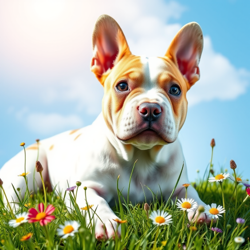 a whimsical fantasy image of a 1year old Exotic Micro Bullie dog whose white with tan spots, lying in the grass with Wildflowers all around her, blue skies and sunshine