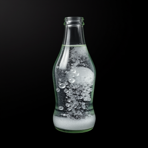 Create a high-resolution image of a glass soda bottle with bubbles, using a DSLR camera at f/2.8 aperture, ISO 200, 50mm lens, top-down view, in a minimalist style with high contrast on a black background.