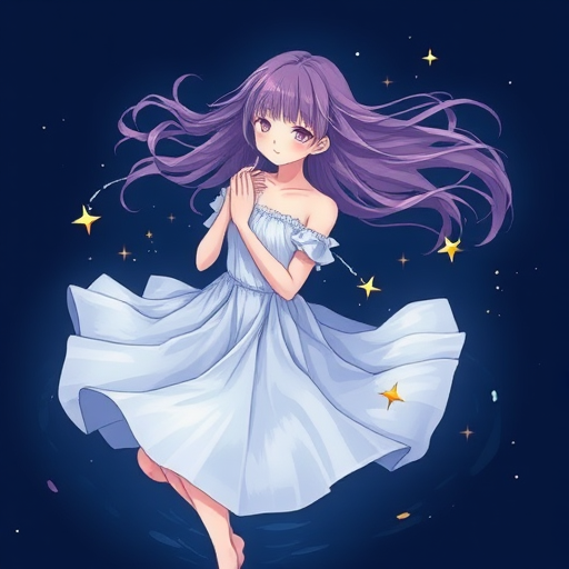 Create an illustration of a girl with flowing purple hair wearing a white dress, gently floating in water while holding sparkling stars, in a dark blue background, captured with a Canon EOS R5, 50mm lens, f/1.8 aperture, 1/250 second shutter speed, and natural soft lighting to enhance details and colors.