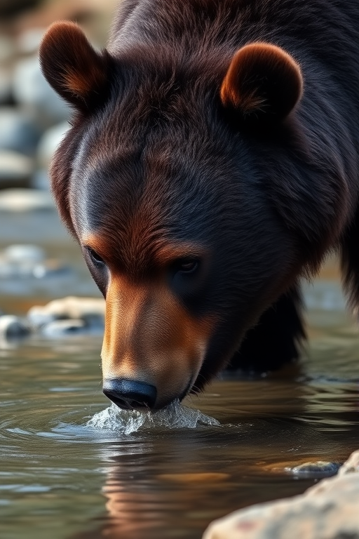 Generate an image of a bear drinking from a river, focusing closely on its face with sharp detail, natural lighting, taken with a Canon EOS-1D X Mark III, 85mm lens, f/4 aperture, ISO 200, 1/500 sec shutter speed, shallow depth of field.