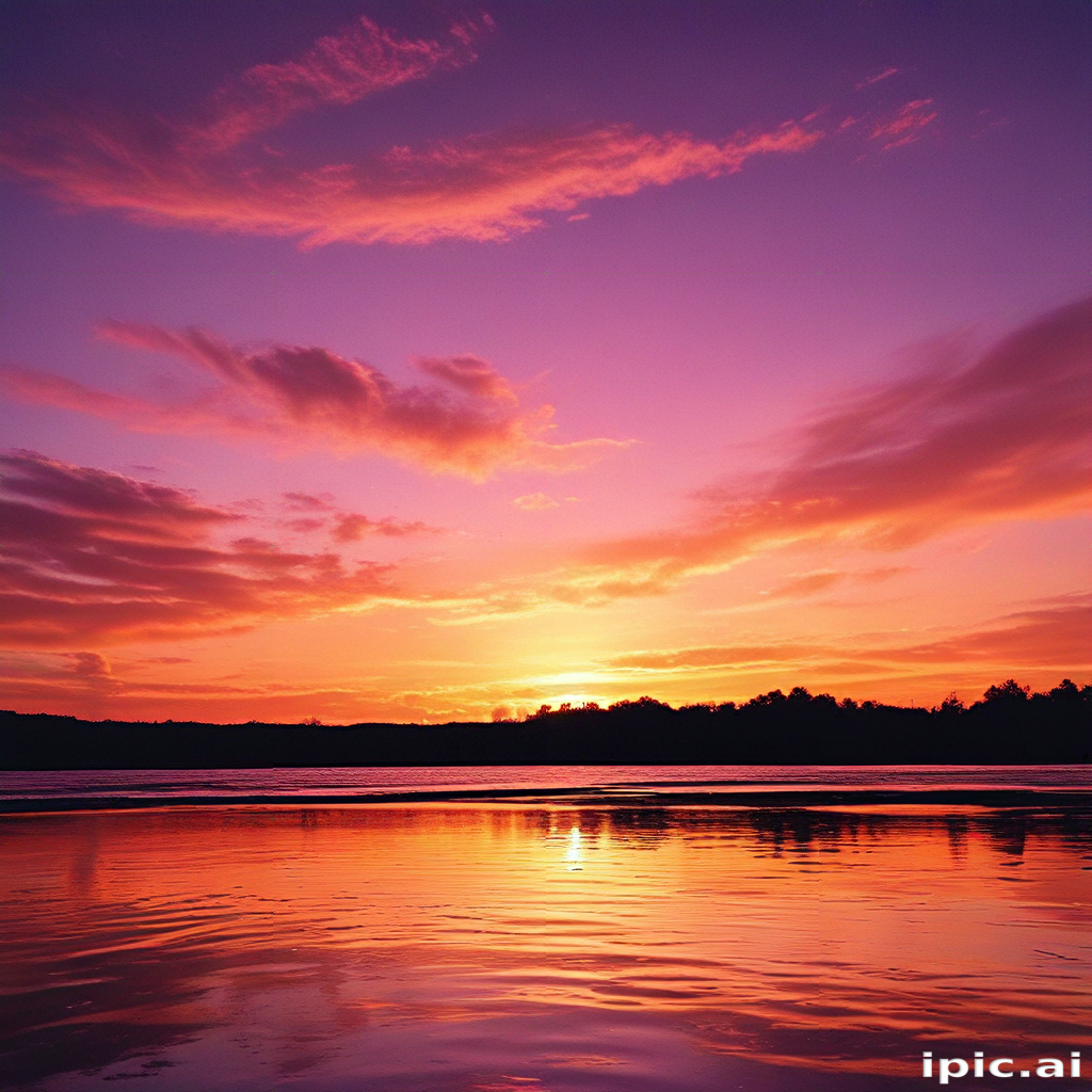 Stunning Sunset Over Calm Waters with Vibrant Colors and Dramatic Clouds