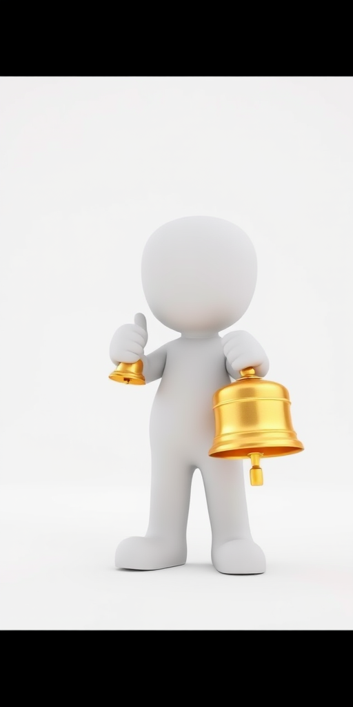 A 3D character holding a golden bell, minimalist design, white background, soft lighting, camera settings: f/2.8 aperture, 85mm lens, ISO 100, camera view: eye-level, camera style: high-key lighting, camera type: DSLR.