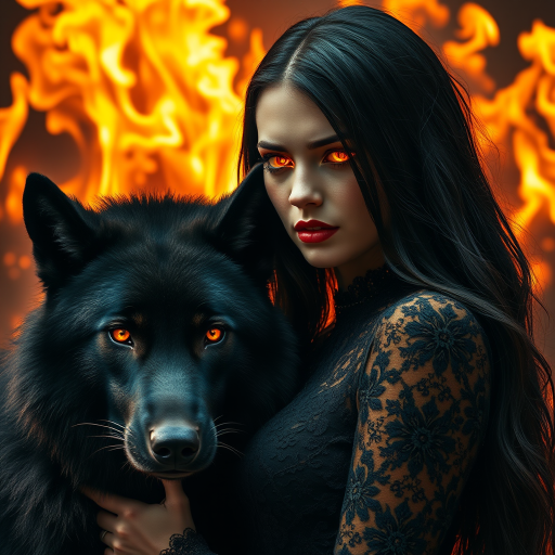 A woman with long dark hair, wearing a black lace dress that seamlessly blends into her skin with intricate floral patterns. She is in the foreground, with a black wolf beside her; its fur is midnight black, and it has glowing, intense, orange eyes that match hers. Her eyes are partially closed with burning embers above them, giving a fiery and mystical aura. The background is engulfed in tall, roaring flames, contributing to an overall dark and supernatural atmosphere. The colors are intense, predominantly black, fiery orange, and deep reds, with sharp contrast highlighting the mysterious and fierce theme. The flames are bright and dynamic, casting dramatic light and shadow, illuminating the woman and wolf while leaving parts in near darkness. The image evokes a sense of otherworldly power and connection between the woman and the wolf.