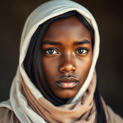 Create a portrait of a young Cape Verdean male with long, dark hair and captivating hazel eyes. She is wearing a white headscarf and a matching scarf draped gracefully around her neck. The background is softly blurred, focusing attention on her serene and natural expression. The overall color palette is muted and warm, enhancing the intimate and authentic feel of the portrait.