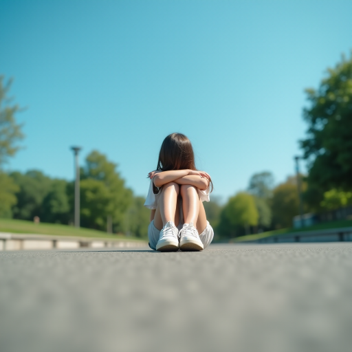 Generate an ultra-realistic, highly detailed, high-definition photograph. It's a photo of a girl sitting on the floor. She's looking at the horizon. The photo is taken from the bottom up, at ground level. The girl's sneakers are in the foreground, in the center of the scene. The girl is wearing light clothes, a t-shirt and short shorts. The sky is blue. Bright environment. The background is a blurred image of a park.