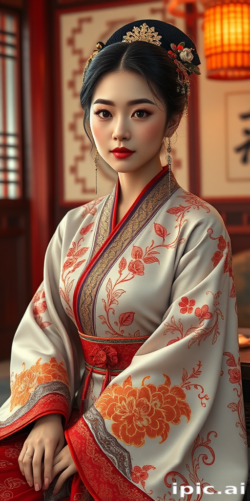A beautiful woman in traditional East Asian attire, intricately detailed with embroidered patterns, sitting gracefully in a richly decorated room, soft ambient lighting, serene and elegant, ultra-realistic, 8K resolution