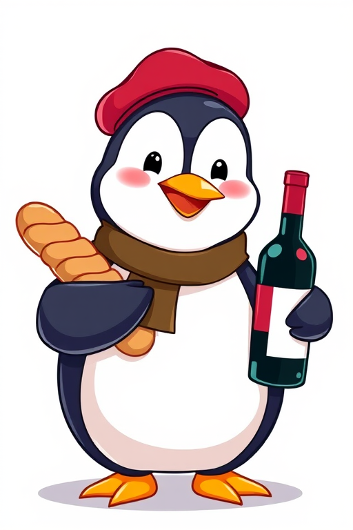 Create a vibrant and playful cartoon illustration of a penguin wearing a beret, holding a baguette in one wing and a bottle of wine in the other, with a clear background, shot in high resolution with a digital camera set to 50mm lens, aperture f/1.8 for depth of field, and vibrant color saturation for enhanced image quality.
