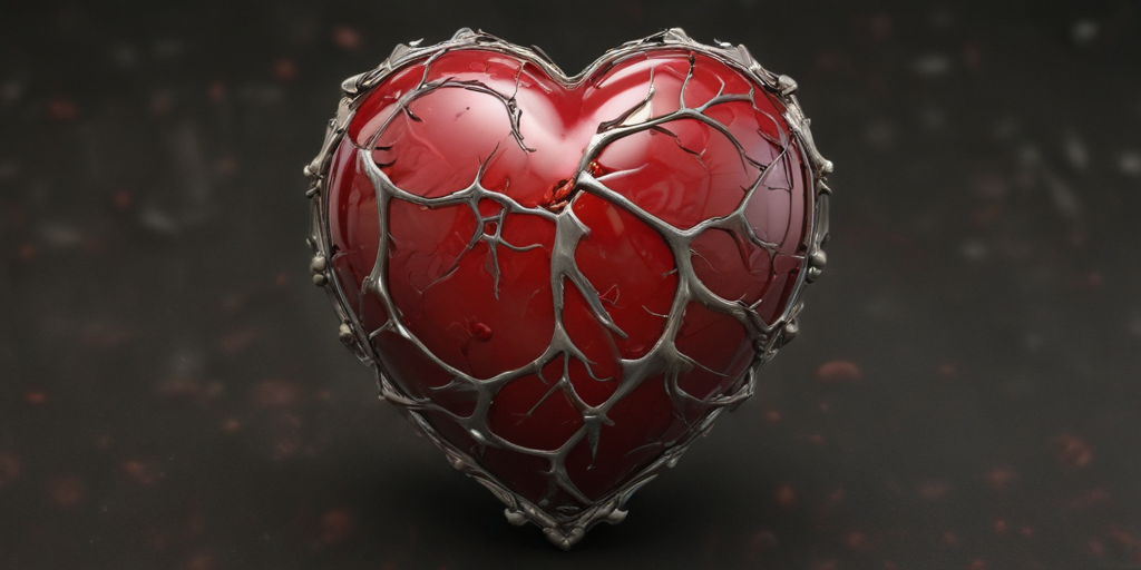Intricate Heart Design with a Shiny Red Surface and Metallic Veins