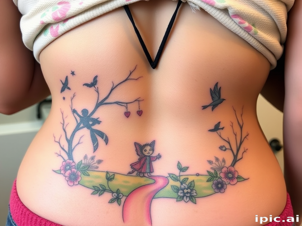 Illustrative tattoo depicting a whimsical fairy tale scene on the ribs, with soft pastel colors and storybook-like linework and shading