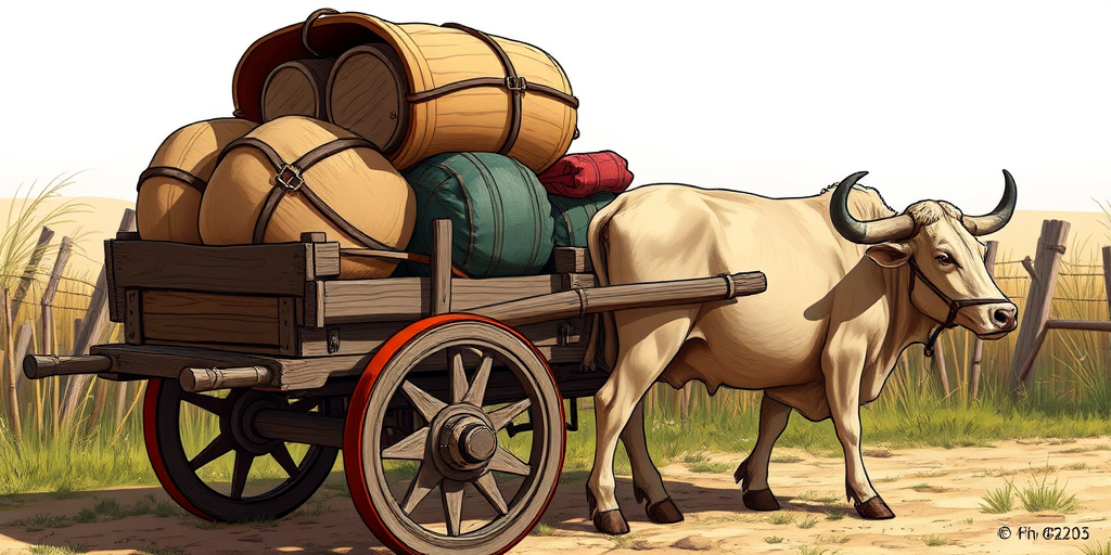 Create a detailed illustration of an ox-drawn wooden cart loaded with barrels and bags, using a 50mm lens, f/8 aperture, natural lighting for clarity, side view composition, and high-resolution digital style.