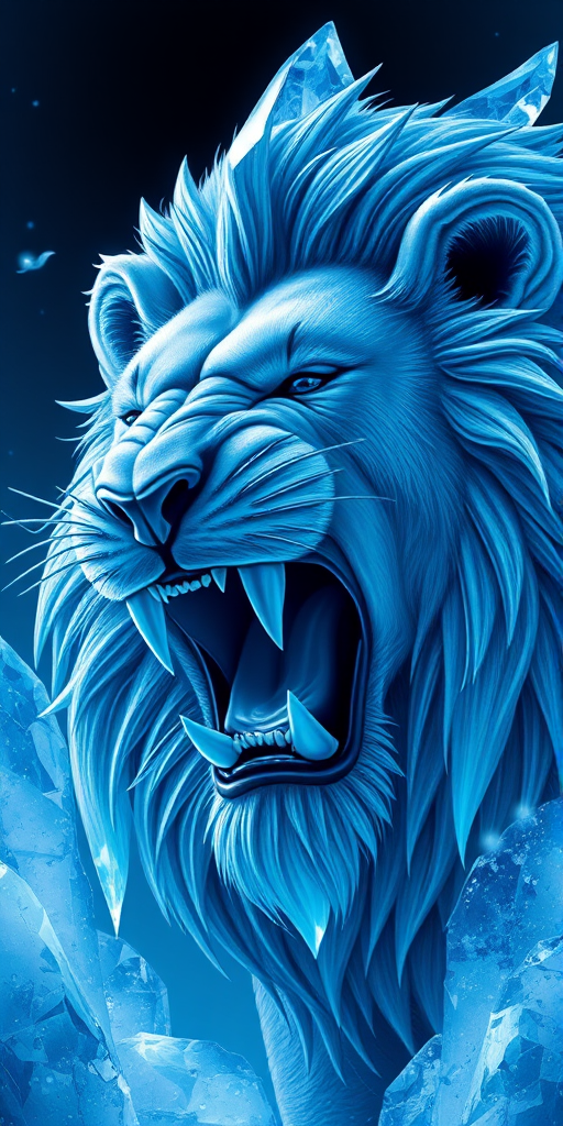 Generate a highly detailed digital illustration of a roaring lion head with icy blue tones, surrounded by crystal-like formations, shot in high resolution with a Canon EOS R5 at f/2.8, ISO 100, 50mm lens, using a macro perspective for sharp detail and vibrant colors.