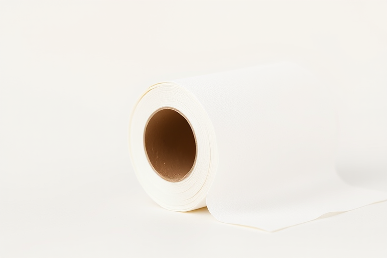 Roll of white paper towel on a plain background, macro shot, aperture f/2.8, ISO 100, shutter speed 1/200s, natural soft lighting, DSLR camera, focus on texture and detail.