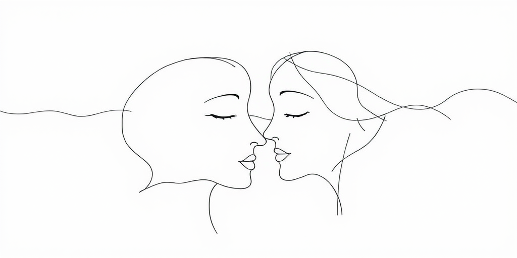 Create a minimalist abstract line drawing featuring intertwined faces and flowing curves, using a high-resolution digital camera; settings: ISO 100, aperture f/5.6, shutter speed 1/60s; perspective view with a clean white background and soft lighting to enhance contrast.