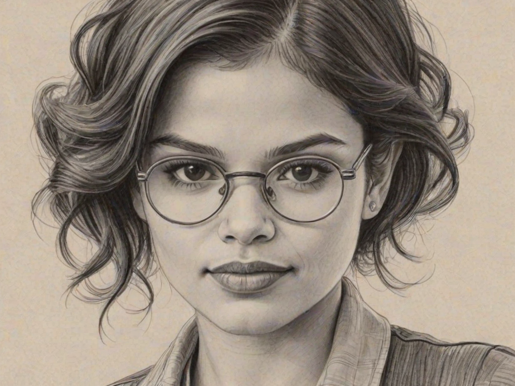 Alluring Melonie Diaz, pencil sketch, portrait of Comely woman 1943s in glasses, hair style beatnik, outline, clear lines, fine lines, 8k