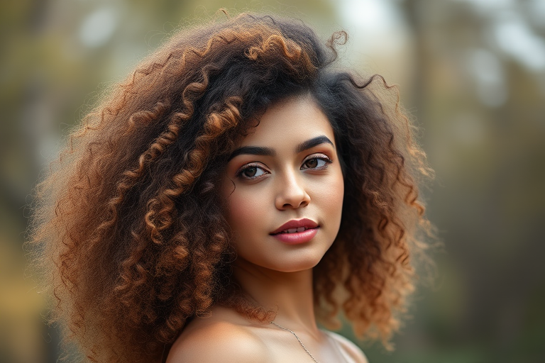 Create an image of a woman with voluminous curly hair, captured with a Canon EOS R5, 50mm lens, f/1.8 aperture, ISO 100, in portrait mode, natural lighting, smooth bokeh background.