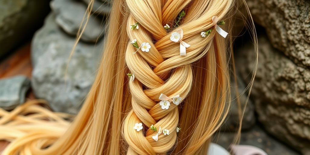 Enchanted Fairy Tale Rapunzel Braid featuring an ultra-long golden blonde braid interwoven with delicate wildflowers and shimmering ribbon accents cascading down to the ankles