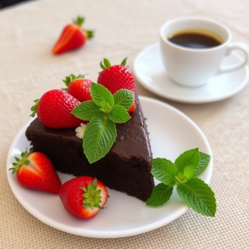 Chocolate cake topped with fresh strawberries and mint leaves served on a white plate with a cup of coffee in the background on a textured tablecloth.