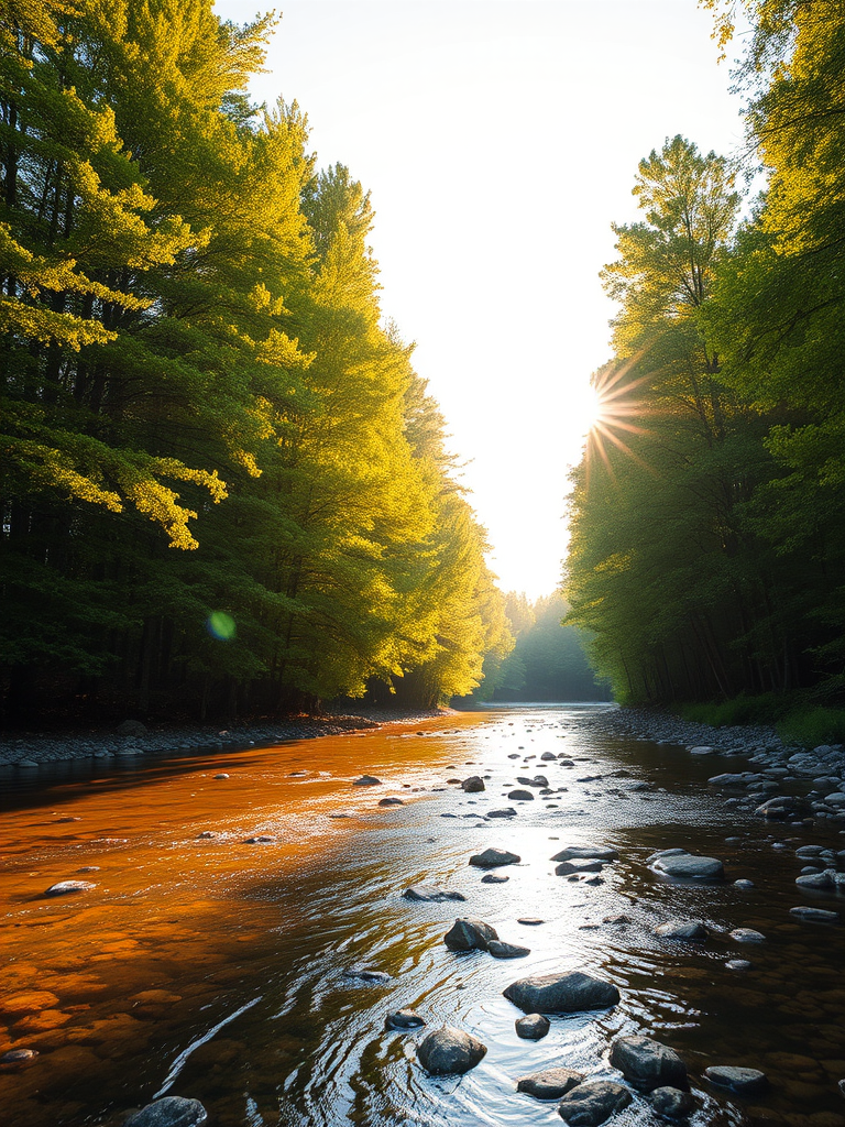Create an image of a serene, sunlit forest scene with a clear, gently flowing river. Tall trees with lush green foliage line both sides of the river, their leaves bathed in the warm golden light of the setting or rising sun. The sunlight filters through the trees, casting soft, dappled light on the river, which flows over smooth rocks and pebbles, creating a peaceful, natural atmosphere. The sky is bright with a few scattered clouds, and the overall mood is tranquil, evoking a deep sense of connection with nature. The image captures the beauty of a calm, pristine forest landscape at either dawn or dusk.