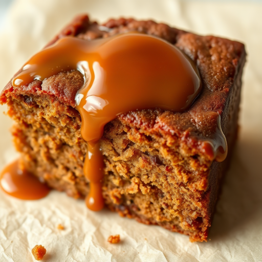 A close-up of a slice of moist gingerbread cake with a glossy caramel sauce drizzled on top, showcasing rich brown and amber tones, with a soft and crumbly texture, placed on a light parchment background.